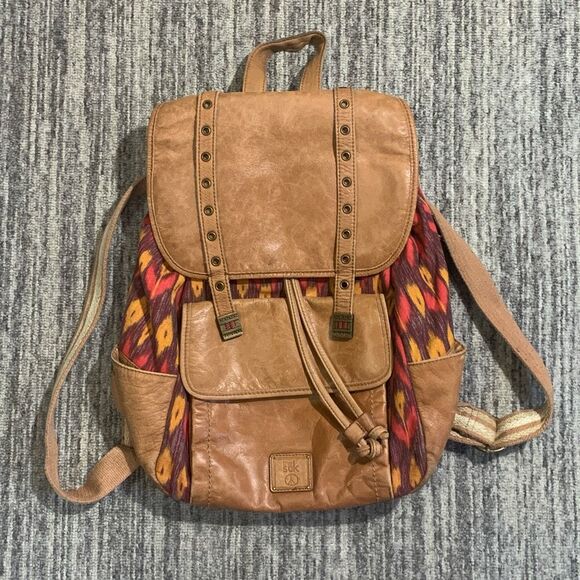 The Sak‎ Ventura Brown Canvas Leather Backpack Drawstring Tribal Aztec Womens - Picture 1 of 12